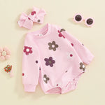Baby Girls 2Pcs Buble Romper Floral Flowers Print Round Neck Long Sleeve Jumpsuit with Headband Fall Set