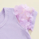 Toddler Kids Girls 2Pcs Summer Outfit Mesh Flower Sleeve Ribbed Top Floral Checker Print Skirt Set