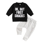 Baby Toddler Boys 2Pcs Ok But First Snacks Set Letter Print Long Sleeve Round Neck Top Drawstring Long Pants Autumn Outfit Set