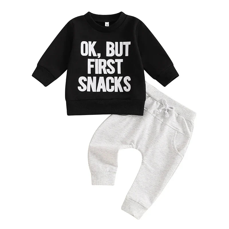 Baby Toddler Boys 2Pcs Ok But First Snacks Set Letter Print Long Sleeve Round Neck Top Drawstring Long Pants Autumn Outfit Set