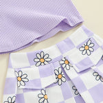 Toddler Kids Girls 2Pcs Summer Outfit Mesh Flower Sleeve Ribbed Top Floral Checker Print Skirt Set