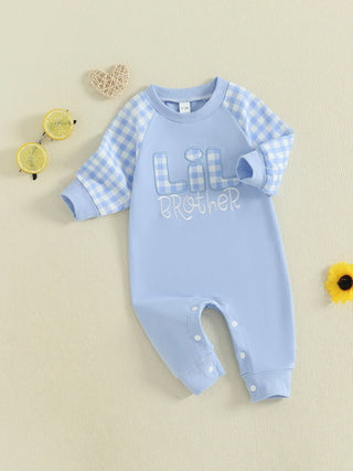 Baby Toddler Boy Lil Brother Fall Romper Plaid Print Letter Embroidery Long Sleeve Round Neck Full Length Jumpsuit