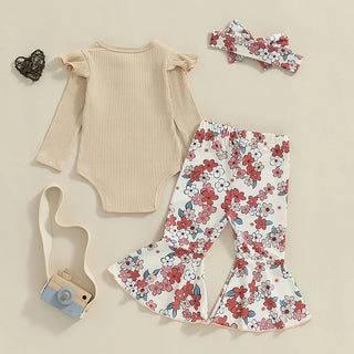 Baby Girls 3Pcs Fall Outfit Ruffle Ribbed Long Sleeve Romper Flower Flare Pants Tie Headband Set