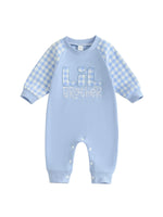 Baby Toddler Boy Lil Brother Fall Romper Plaid Print Letter Embroidery Long Sleeve Round Neck Full Length Jumpsuit