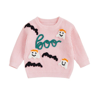 Baby Toddler Girls Halloween Sweater Long Sleeve Round Neck Letter Boo Ghost Embroidery Knit Pullover Top