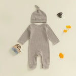 Baby Boys 2Pcs Autumn Striped Jumpsuit Long Sleeve Crewneck Letter Little Bro Embroidery Romper with Hat Set