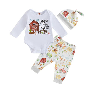 Baby Boys Girls 3Pcs New To The Farm Long Sleeve Crew Neck Letter Barn Print Romper with Animal Print Long Pants and Hat Set