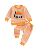 Baby Toddler Boy Girl 2Pcs Halloween Outfit Pumpkin Embroidery Boo Ghost Striped Long Sleeve Top and Elastic Jogger Pants Set