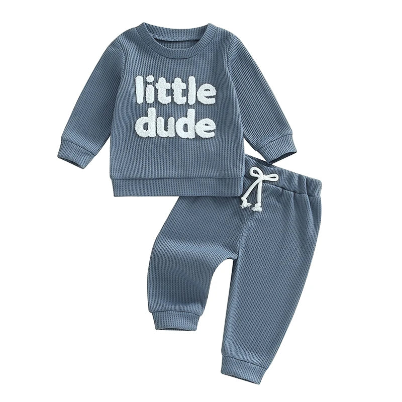 Baby Toddler Boys 2Pcs Little Dude Waffle Outfit Letter Embroidery Long Sleeve Top with Elastic Waist Solid Pants Set