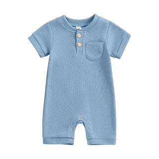 Baby Boy Girl Jumpsuit Summer Short Sleeve Solid Color Waffle Button Romper Playsuit
