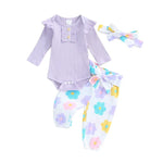 Baby Girls 3Pcs Fall Outfit Long Sleeve Ribbed Romper + Floral Flower Print Pants + Headband Set