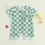 Baby Boy Romper Summer Short Sleeve Round Neck Checkered Tree Print Jumpsuit Playsuit
