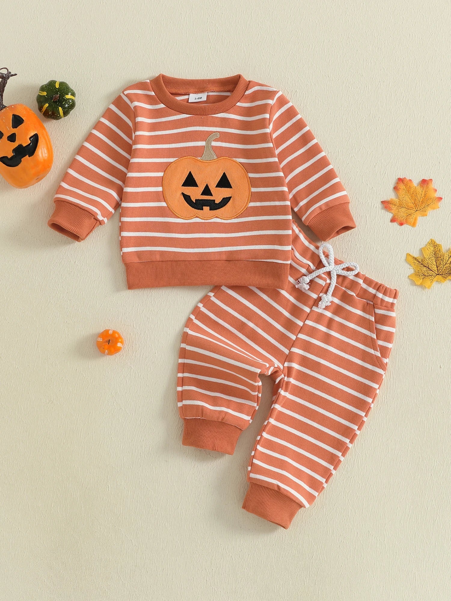 Baby Toddler Boys 2Pcs Halloween Outfit Stripe Pumpkin Embroidery Long Sleeve Top and Long Jogger Pants Clothes Set