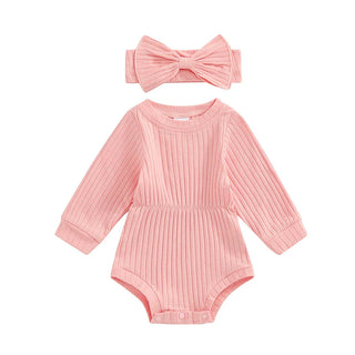 Baby Girls Spring Fall Solid Color Round Neck Long Sleeve Ribbed Romper Bow Headband Set