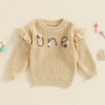 Baby Girl Birthday Sweater One Casual Floral Flowers Letter Embroidery Warm Long Sleeve Knitted Pullover Infant Knitwear Top