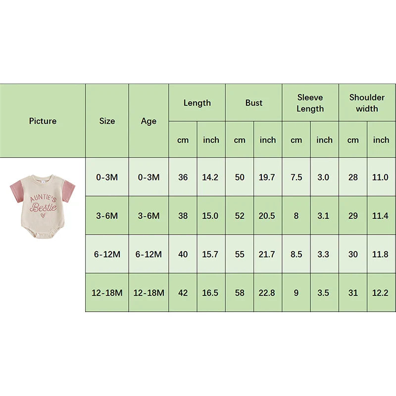 Baby Girl Auntie's Bestie Romper Contrast Color Letter Embroidery Waffle Crew Neck Short Sleeve Jumpsuit