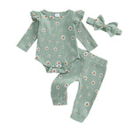 Baby Girls 3Pcs Ribbed Outfit Daisy Flower Print Long Sleeve Romper Elastic Waist Pants Headband Fall Set