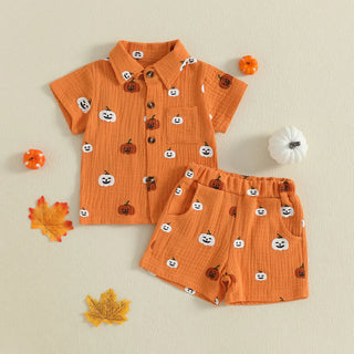 Baby Boys Halloween Outfits Pumpkin Print Button Short Sleeves T-Shirt and Elastic Shorts Set Clothes Set