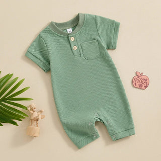 Baby Boy Girl Jumpsuit Summer Short Sleeve Solid Color Waffle Button Romper Playsuit