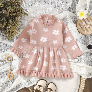 Baby Toddler Girl Long Sleeve Flower Floral Print Ruffle Sweater A-Line Dress