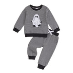 Baby Toddler Boys 2Pcs Halloween Outfit Ghost Embroidery Striped Long Sleeve Top and Elastic Pants Clothes Set