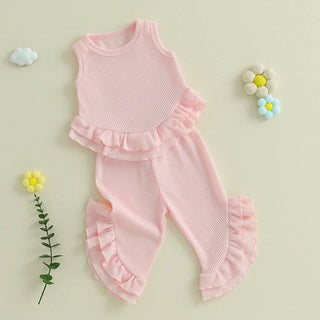 Baby Toddler Girl 2Pcs Summer Outfit Solid Waffle Round Neck Ruffled Tank Top with Long Pants Set