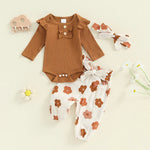 Baby Girls 3Pcs Fall Outfit Long Sleeve Ribbed Romper + Floral Flower Print Pants + Headband Set