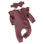 Baby Girl 2Pcs Clothes Ruffle Zipper Romper Long Sleeve Jumpsuit with Bow Headband