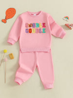 Baby Toddler Girls 2Pcs Thanksgiving Outfit Long Sleeve Turkey Gobble Embroidery Top + Pants Jogger Set Clothes