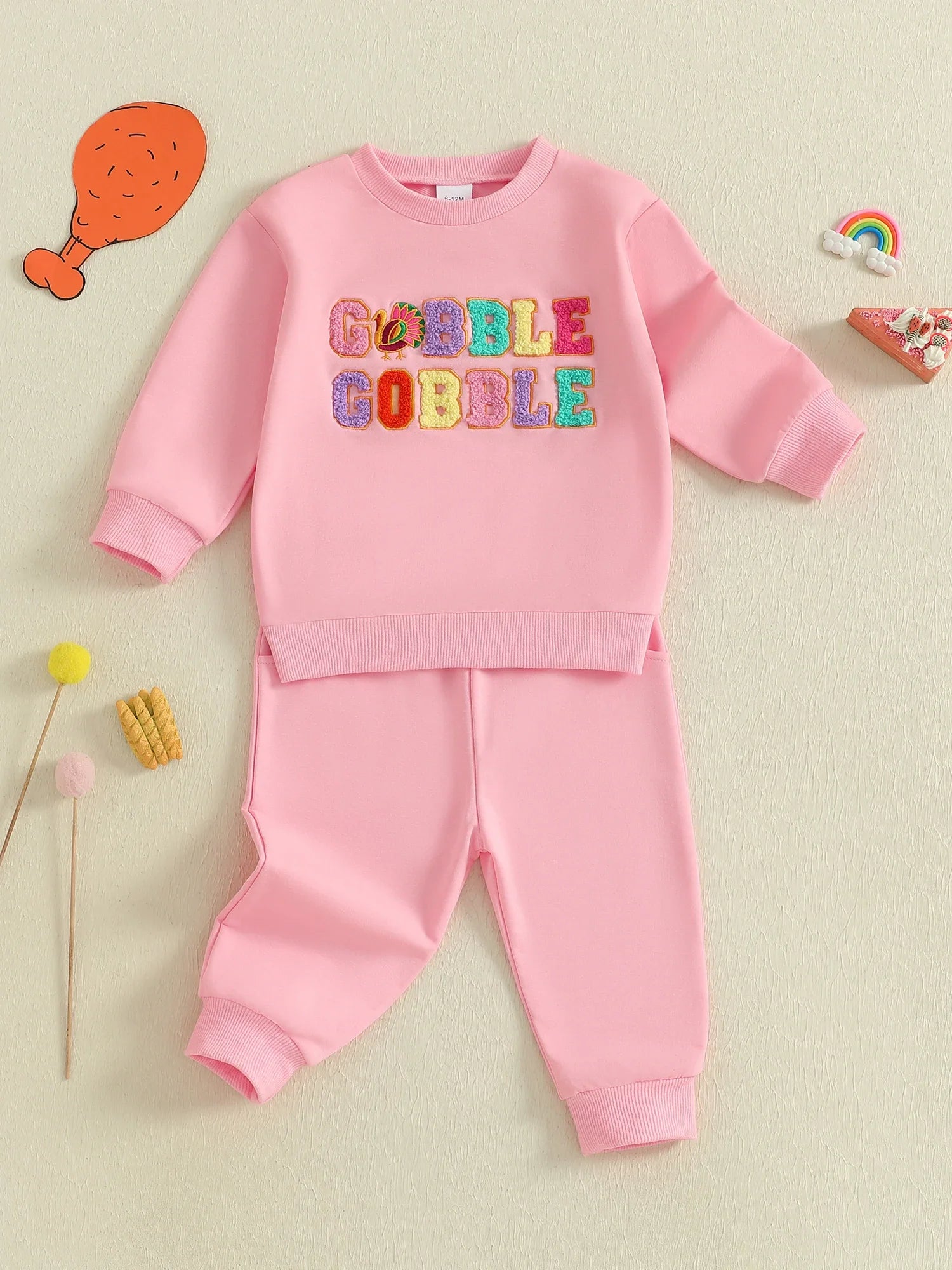 Baby Toddler Girls 2Pcs Thanksgiving Outfit Long Sleeve Turkey Gobble Embroidery Top + Pants Jogger Set Clothes