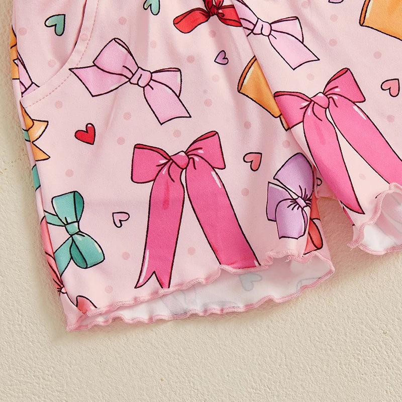 Baby Toddler Kids Girls 2Pcs Summer Outfit Bow Print Crew Neck Short Sleeve T-Shirt Top Frilly Shorts Clothes Set