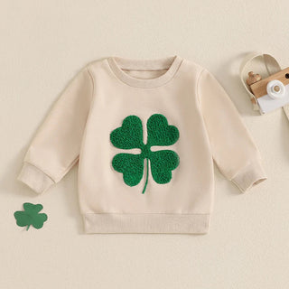 Baby Toddler Girl Boy St. Patrick's Day Casual Four Leaf Clover Shamrock Embroidery Long Sleeve Crewneck Top
