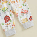 Baby Boys Girls 3Pcs New To The Farm Long Sleeve Crew Neck Letter Barn Print Romper with Animal Print Long Pants and Hat Set