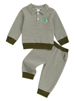 Baby Toddler Boys 2Pcs Long Sleeve Embroidery Duck Top with Striped Pants Infant Clothes Set