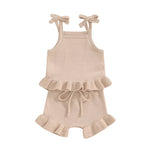 Baby Girl 2Pcs Outfits Knit Solid Color Sleeveless Cami Tank Top Tie with Elastic Waist Shorts Outfit Set