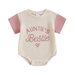 Baby Girl Auntie's Bestie Romper Contrast Color Letter Embroidery Waffle Crew Neck Short Sleeve Jumpsuit