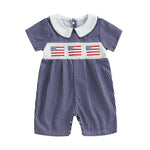 Baby Girl 4th of July Romper Smocked Plaid Pattern American Flag Embroidery Ruffled Doll Collar Short Sleeve Jumpsuit
