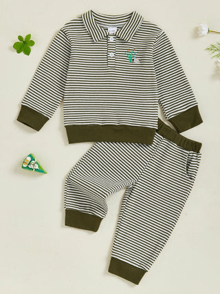Baby Toddler Boys 2Pcs Long Sleeve Embroidery Duck Top with Striped Pants Infant Clothes Set