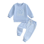 Baby Toddler Boys 2Pcs Fall Outfit Letter Embroidery Big Brother Long Sleeve Top and Elastic Plaid Pants Clothes