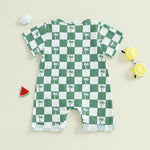 Baby Boy Romper Summer Short Sleeve Round Neck Checkered Tree Print Jumpsuit Playsuit