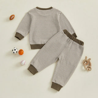 Baby Toddler Boys 2Pcs Fall Outfit Rugby Embroidery Striped Long Sleeve Top and Elastic Pants Clothes Set