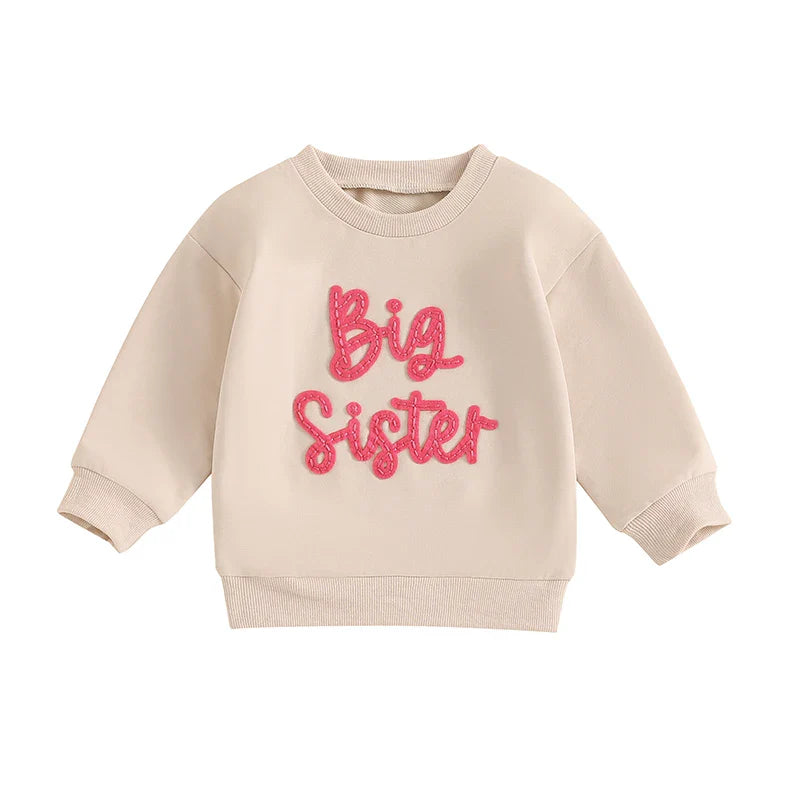 Toddler Kids Girls Big Sister Long Sleeve Crewneck Letter Embroidery Loose Fit Pullover Top