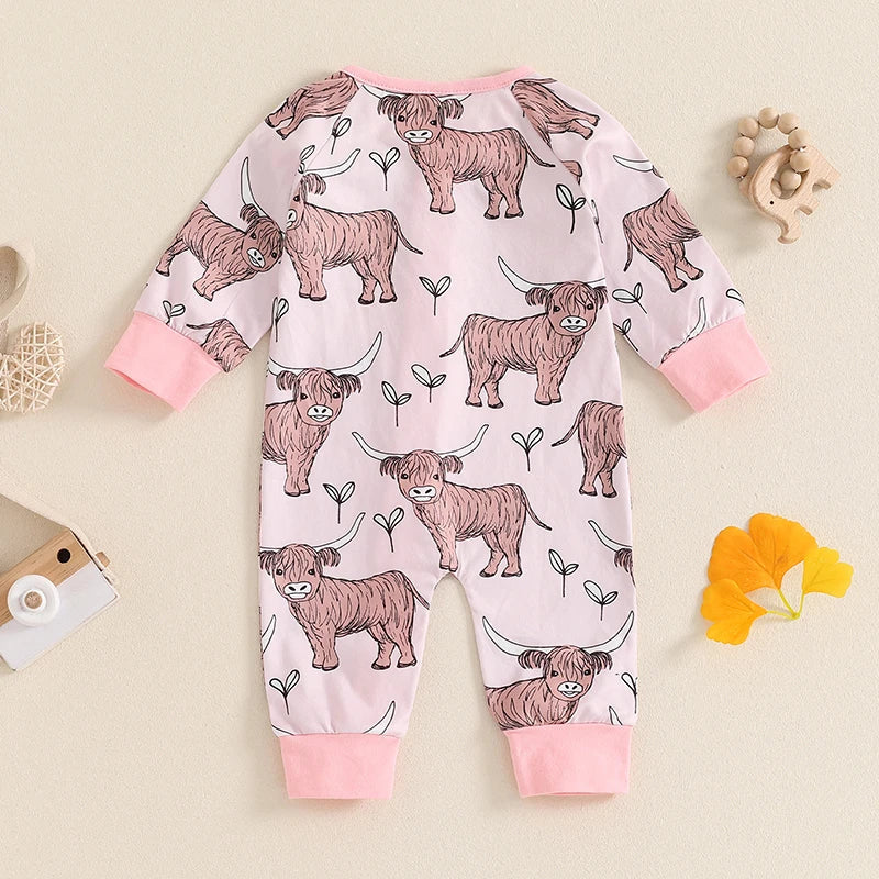 Baby Girls Boys Highland Cow Romper Print Long Sleeve Zipper Jumpsuit Fall Bodysuit