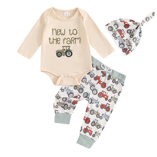 Baby Boys 3Pcs New To The Farm Long Sleeve O-Neck Embroidery Romper with Tractor Print Pants Hat Outfit Set