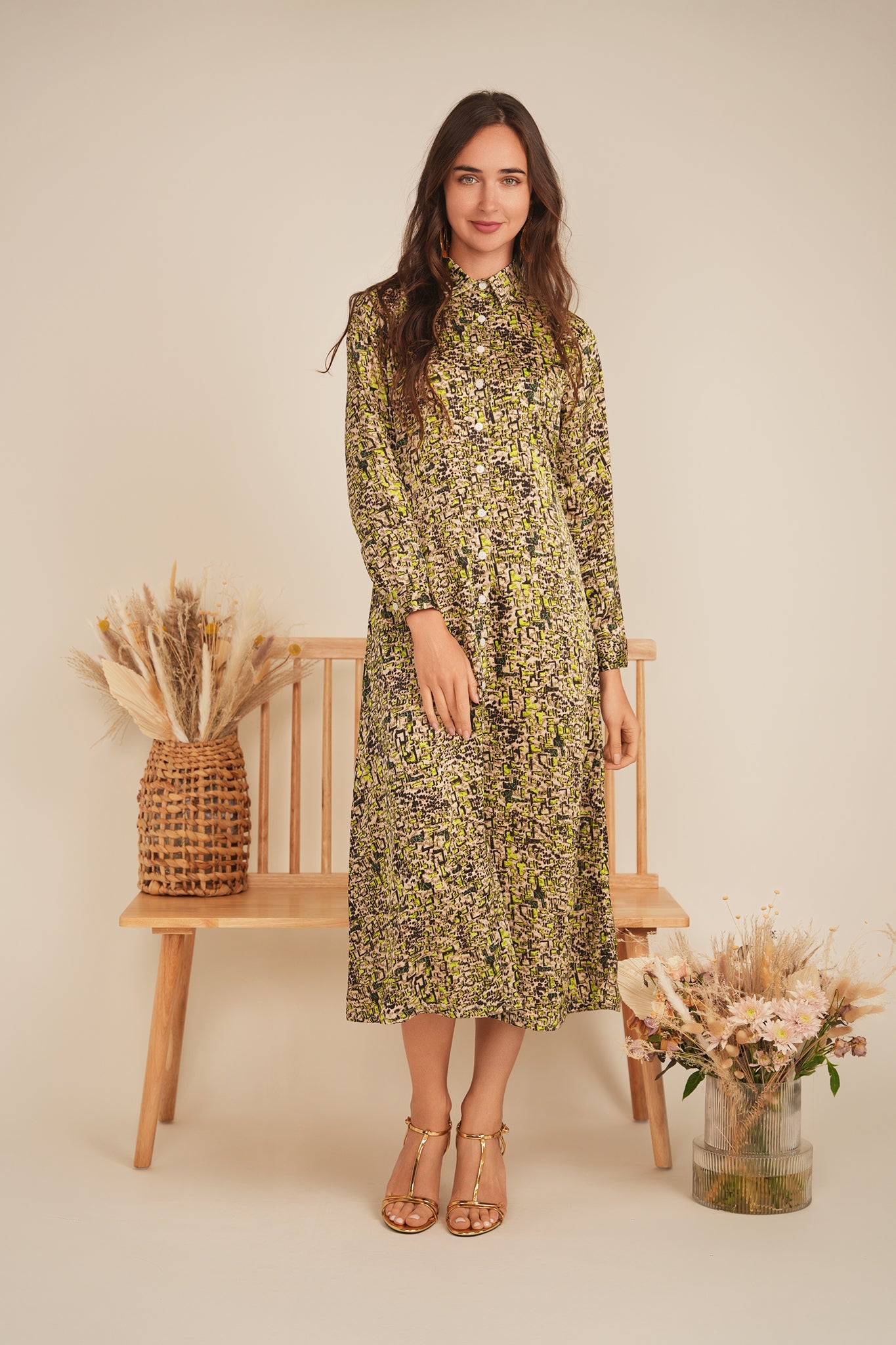 Printed Satin Midi Shirt Dress
