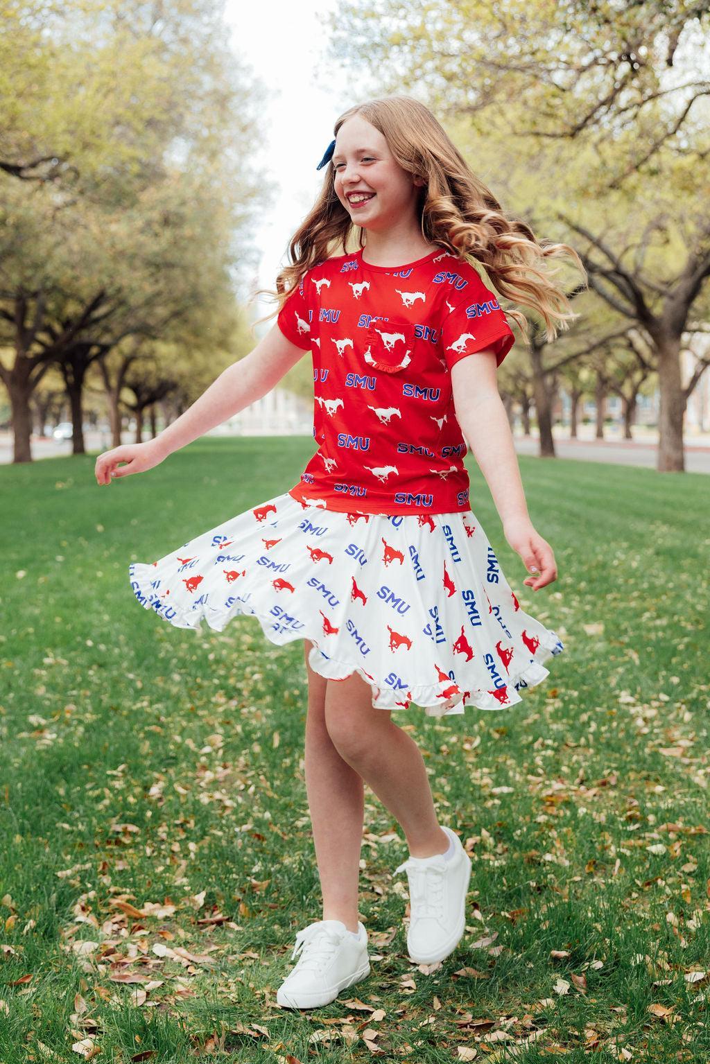 SMU Red Mustang Ruffle Pocket Tee