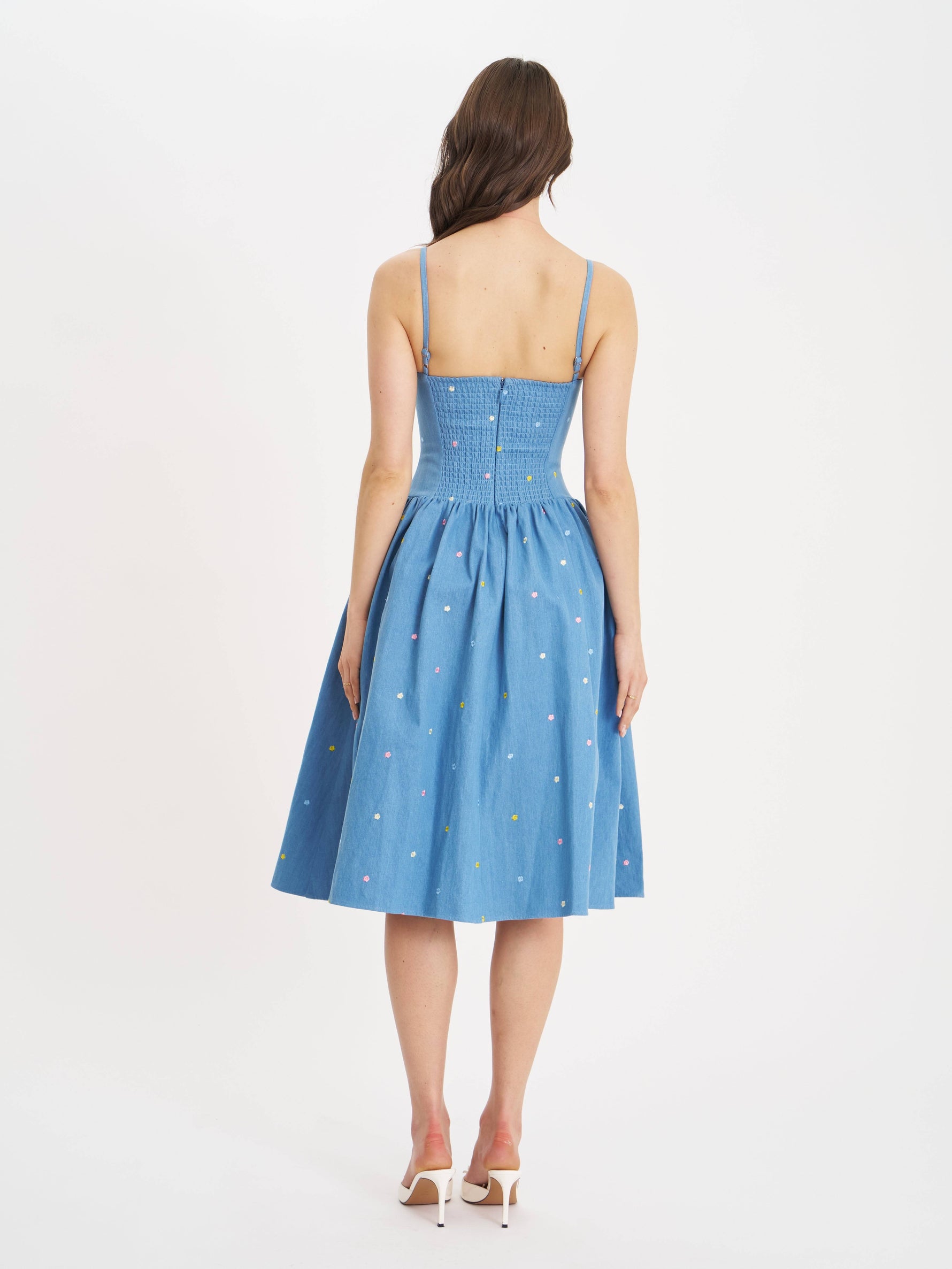Zadie Cotton Denim Drop Waist Embroidery Flower Midi Dress