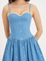 Zadie Cotton Denim Drop Waist Embroidery Flower Midi Dress