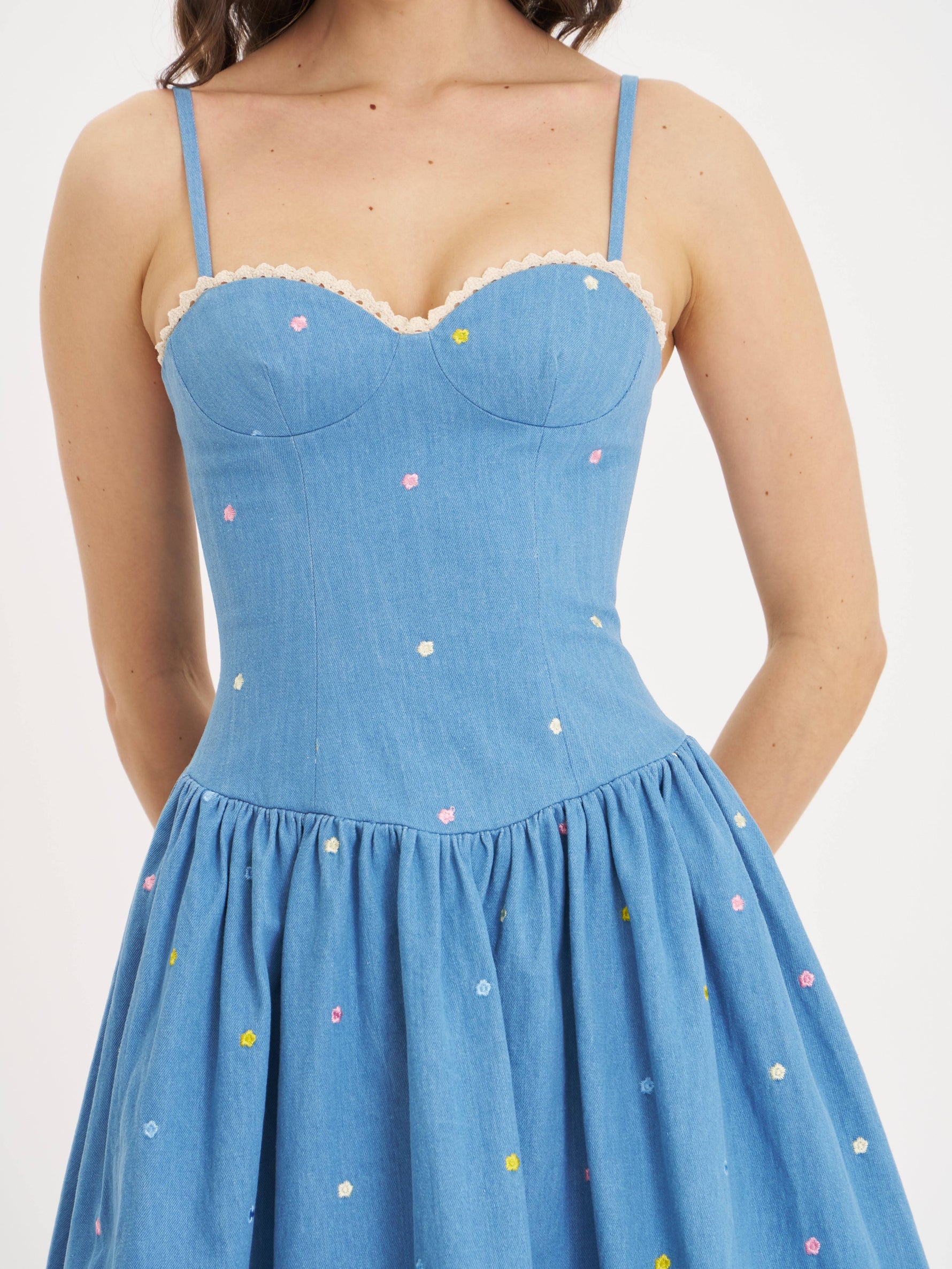 Zadie Cotton Denim Drop Waist Embroidery Flower Midi Dress