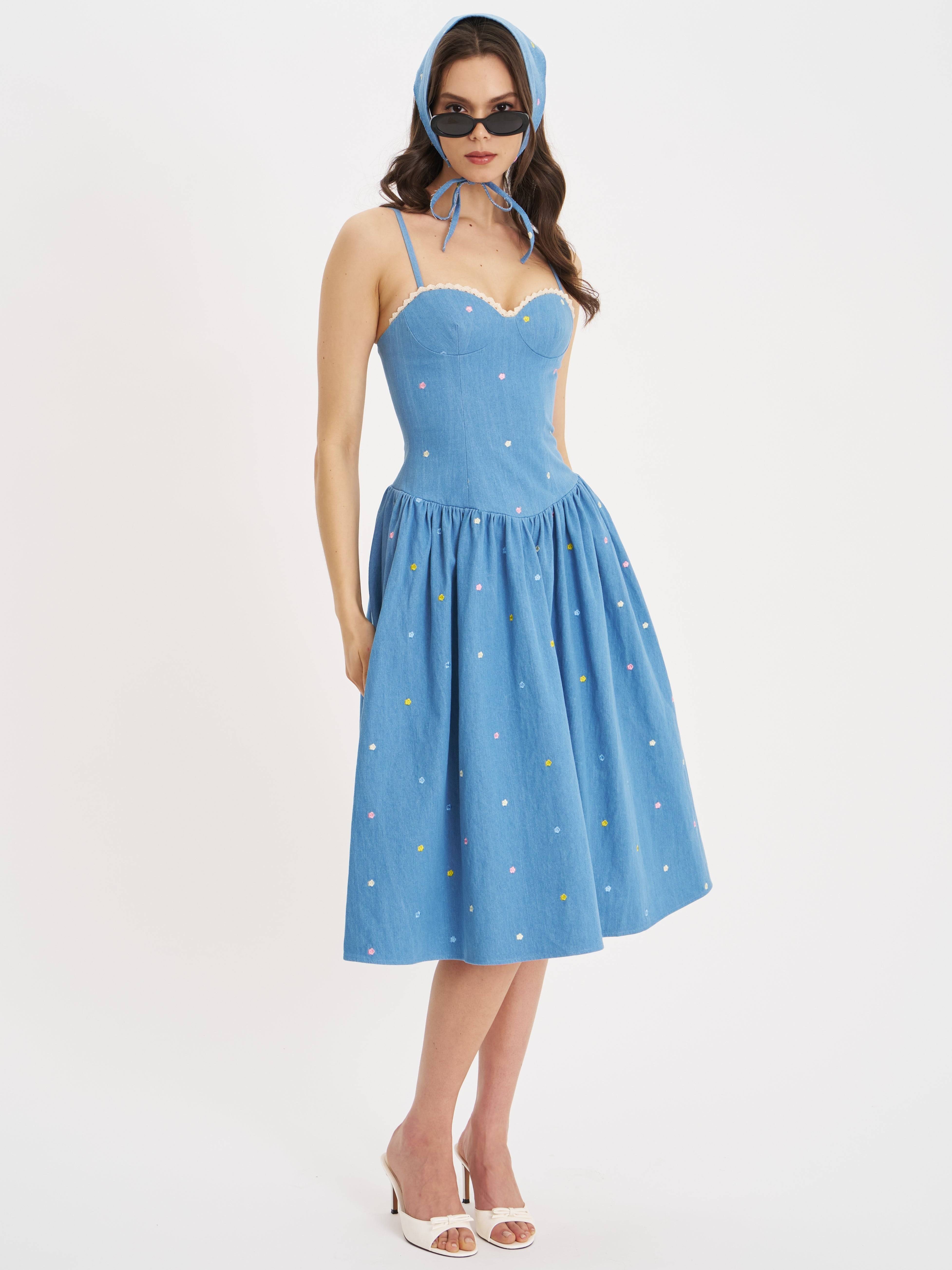 Zadie Cotton Denim Drop Waist Embroidery Flower Midi Dress